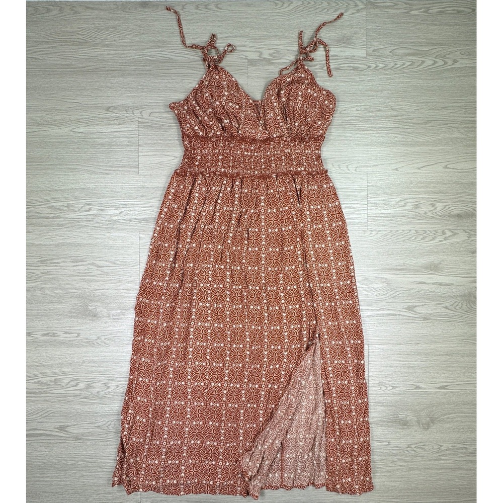 Bila 77 Women's Maxi Dress Boho Smocked Geometric Print Rust XL Side Slit